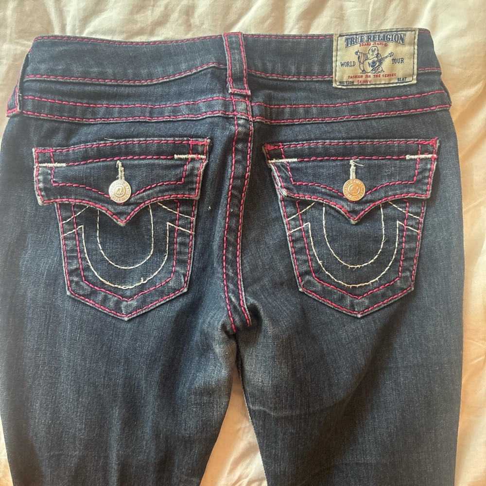 True Religion Blue and Pink Jeans with Decorative Stitching